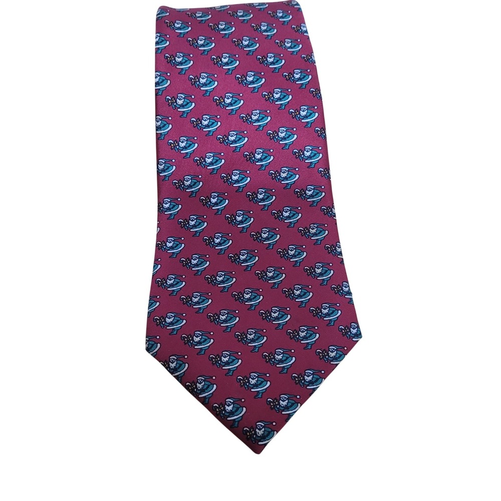 Neiman Marcus Men Silk Tie Burgundy Blue Santa Claus Holiday Christmas Hand Made